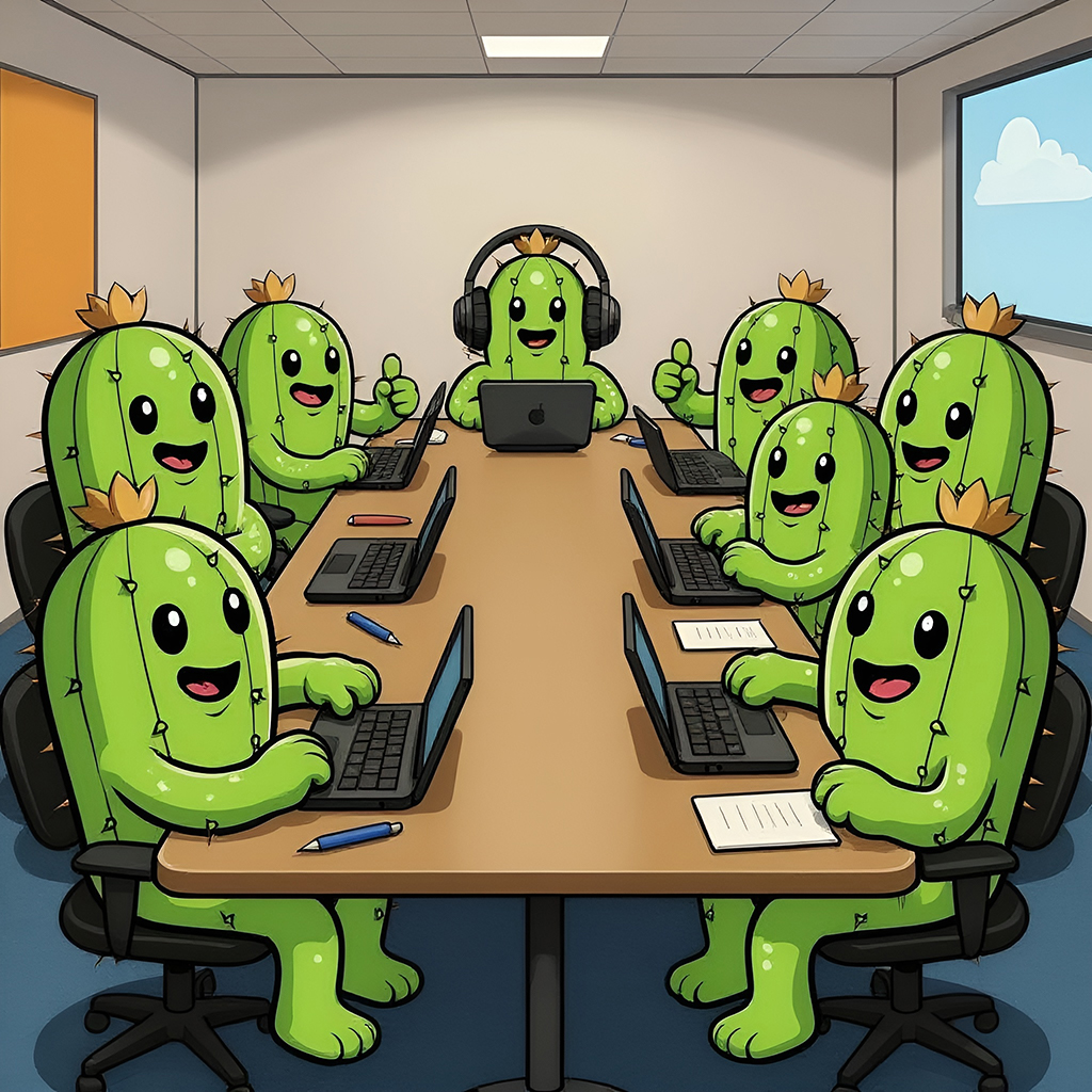 A team of Zippy Cactus mascots in a meeting
